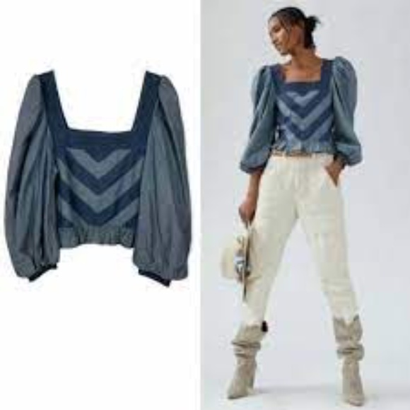 NWT Anthropologie Love The Label Smocked Puff-Sleeve Cropped Blouse Denim XS - Picture 1 of 2